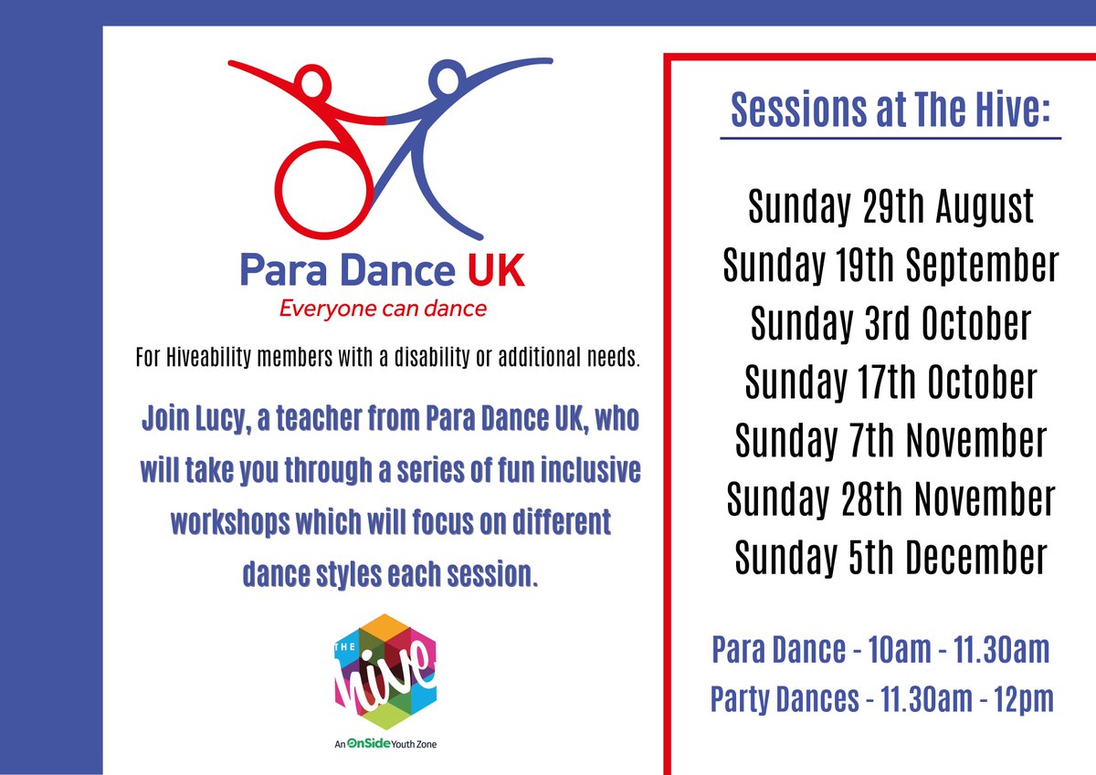 TheHiveYZ's tweet photo. ⭐@ParaDanceUK will be in the dance studio tomorrow for fun inclusive dance workshops. ⭐

Check out the graphics for more details. 

Hiveability is our dedicated inclusion session for young people aged 8 – 25 with a disability or additional needs.

#Hiveability #Inclusion https://t.co/39kqN6KDpU