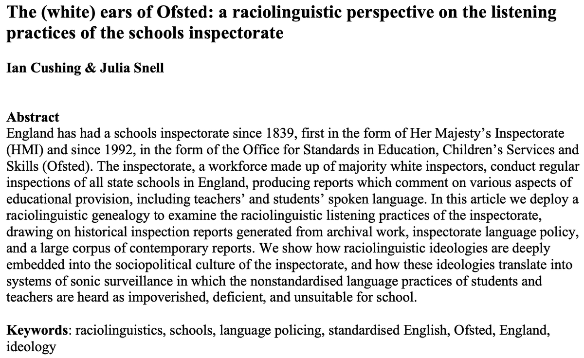 ian_cushing's tweet photo. Me and @SnellJulia are delighted to have an article accepted for publication in Language in Society: "The (white) ears of Ofsted: a raciolinguistic perspective on the listening practices of the schools inspectorate", where we trace their role as institutional language police. https://t.co/tderCOEDpw