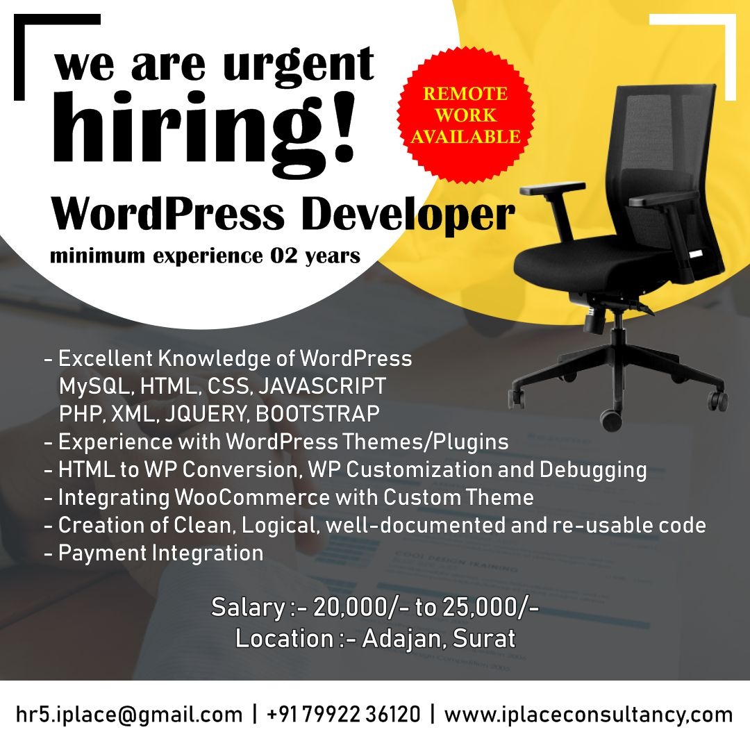 iplacetechnolog's tweet photo. WordPress Developer Job Available. 

#WordPress #wordpressdeveloper #woocommercedeveloper #woocommerce #developerjob #JobSearch #jobseeker #jobinsurat #workfromhome #remotework #RemoteWorking https://t.co/6jXvhd9Jx4