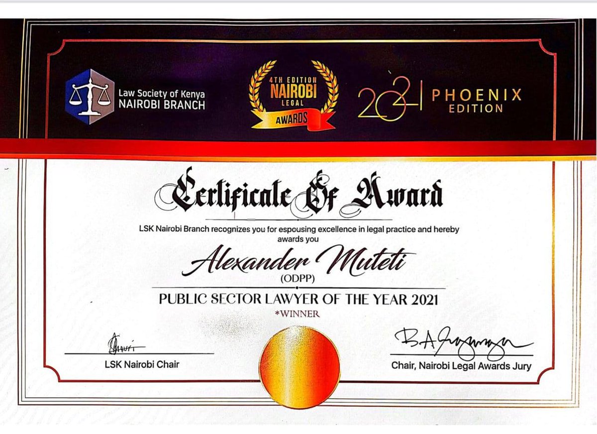 ODPP_KE's tweet photo. ODPP staff scoop top awards in the Nairobi Legal Awards, 2021! 
Mr. Alexander Muteti was the Winner in the Public Sector Lawyer of the Year category &amp; Mrs. Lillian Okumu Obuo was 1st Runner Up in the same category! 🥳🥳
#HakiNaUsawa #NLA2021 #Phoenixedition https://t.co/ynULsoVB6H