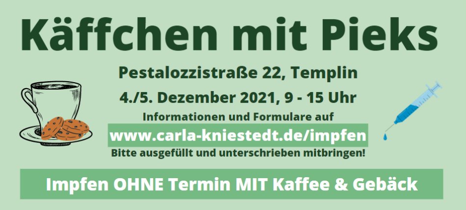 Außergewöhnliche Situationen erfordern außergewöhnliche Maßnahmen: Am Sa, 4. &amp; So, 5.12. wird in meinem Wahlkreisbüro in Templin von 9-15 Uhr geimpft. Alle Infos unter carla-kniestedt.de/impfen. #bbimpft