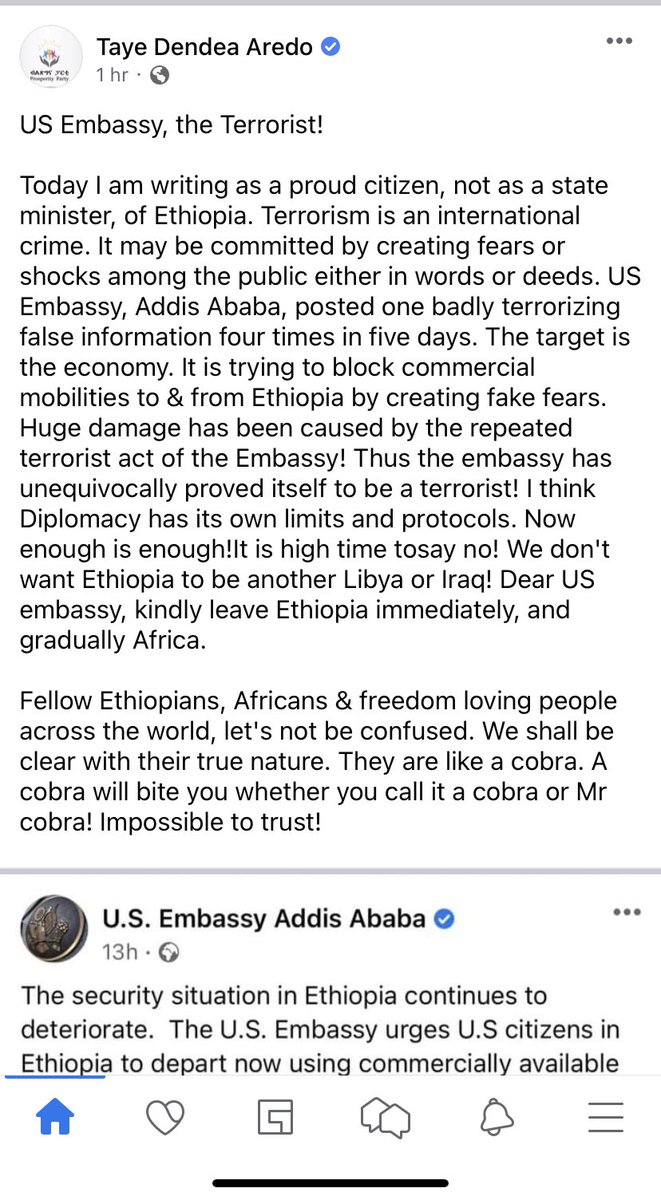 abbygido's tweet photo. Calling @USEmbassyAddis terrorist and asking to leave #Ethiopia immediately by @DendeaTaye , state official, is concerning. Hostility towards#US ^^ fanned by current government. @StateDept @ABlinken https://t.co/6zKPGUtn0I