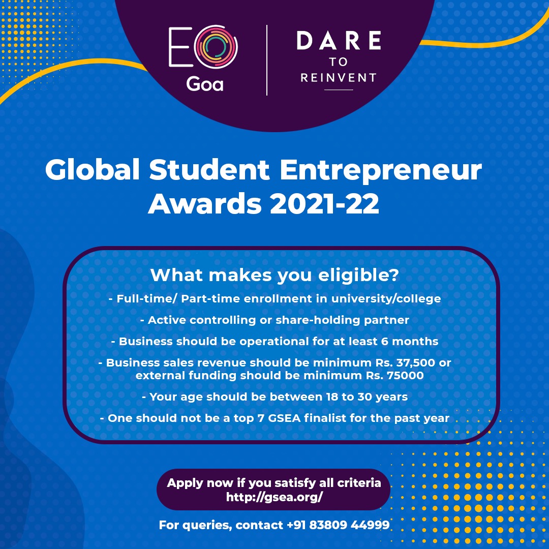 We are elated to announce the commencement of the application process for the Global Entrepreneur Awards 2021-22. Showcase your entrepreneurial talents and stand a chance to win mega cash prizes.

Check the eligibility criteria and apply now at gsea.org/apply/