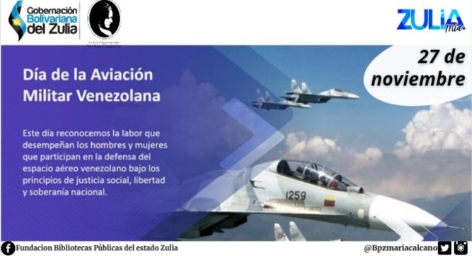 Hoy 27 de noviembre es el Día de la Aviación Militar Venezolana, en conmemoración a los hombres y mujeres que participan en la defensa del espacio aéreo venezolano.
@nicolasmaduro @omarprietogob <a href="/jesicalucena/">jesica lucena</a> @gbzuliacultura @damelischavez @portillonegrette <a href="/casiandrade/">Casilda Carolina</a>
