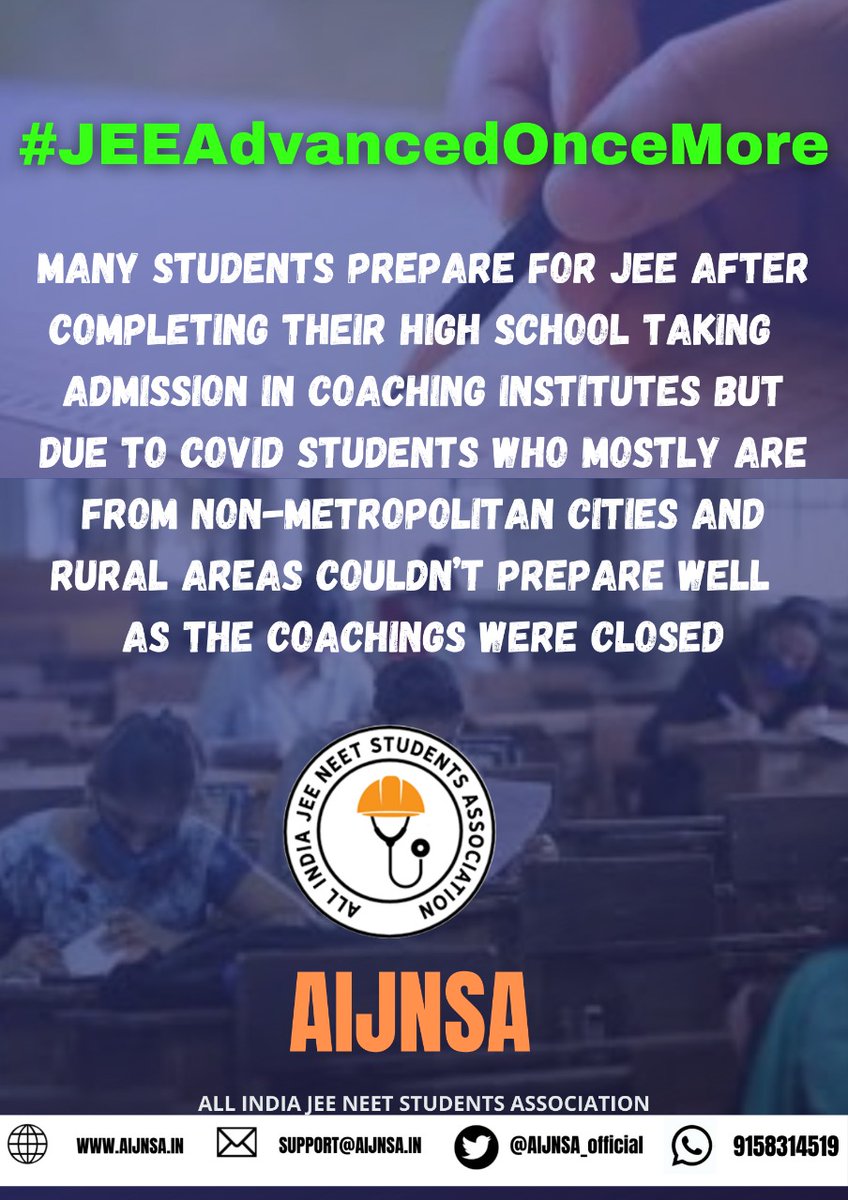 IamSaurav_1's tweet photo. In 2021,states like Kerala, MHA,TN,Mizoram,etc due to myraid no of covid-19 cases
During exam. So,Lot of students have missed the exam
due to them being infected with covid-19 / were under
quarantine or because of the travel restrictions.
#lockdown
#JEEAdvancedOnceMore https://t.co/BoLmXu282y