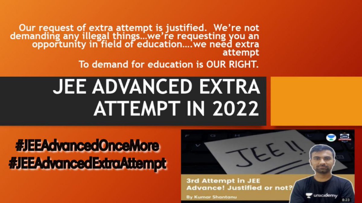 NB3351's tweet photo. Please take #JEEAdvancedExtraAttempt into consideration
@ashwani_iitr @mohittyagi @namokaul
@TheAnuragTyagi @iitbombay @IITKgp @dpradhanbjp @EduMinOfIndia
#JEEAdvancedOnceMore
#JEEAspirantsDeservesExtraAttempt
#JusticeForJEEAdvanced https://t.co/txawmqtH6l