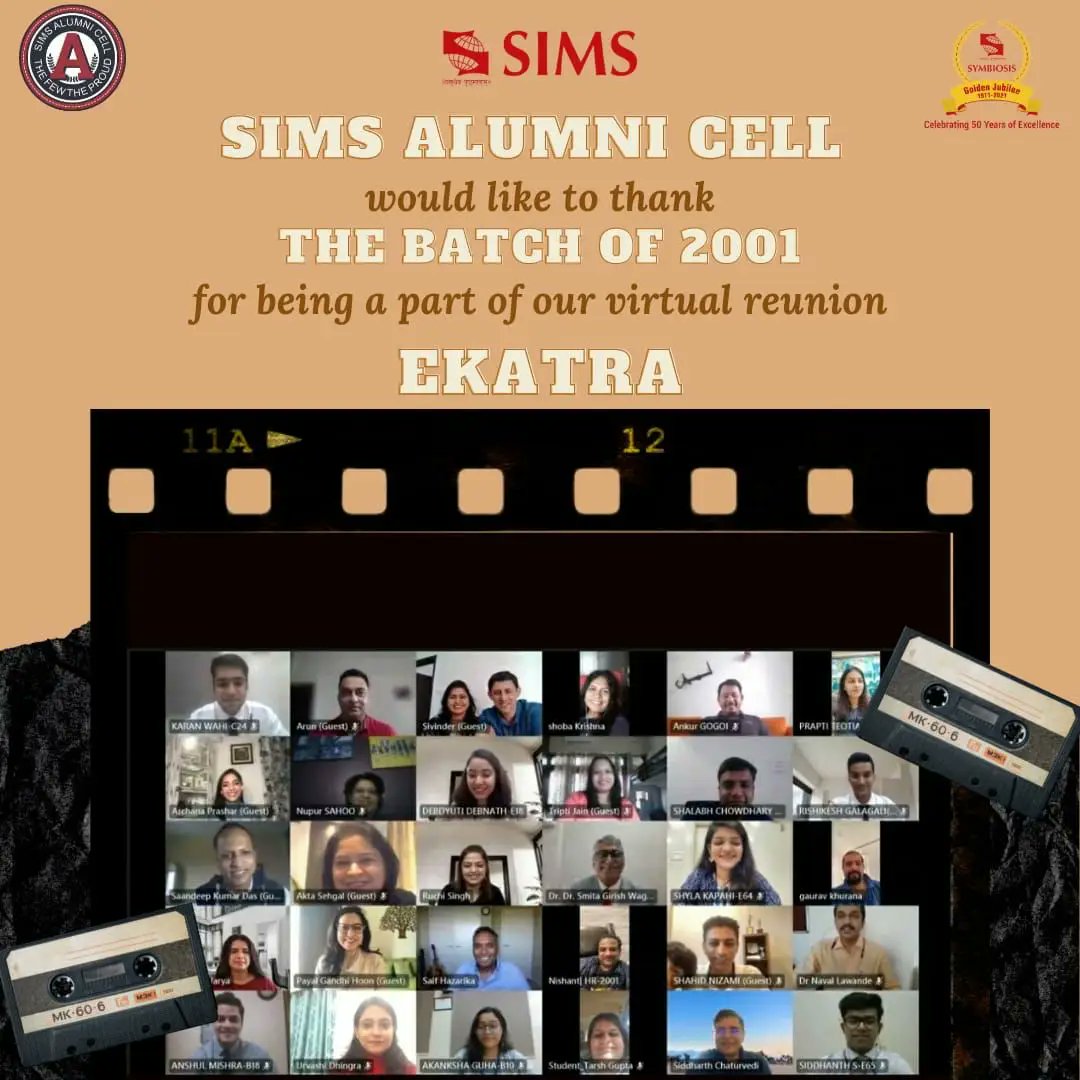 SIMSpune's tweet photo. The Alumni Cell had the opportunity to host the Batch of 2001 for a virtual reunion, Ekatra. The event marked the milestone of 20 glorious years of the Batch. 

#Batchof2001 

#KeepingTheConnect #OurAlumniOurPride #SIMSPune #SIMS #sims.edu #SIMSwayoflife #AlumniReunion #Ekatra https://t.co/QloN06pkR2