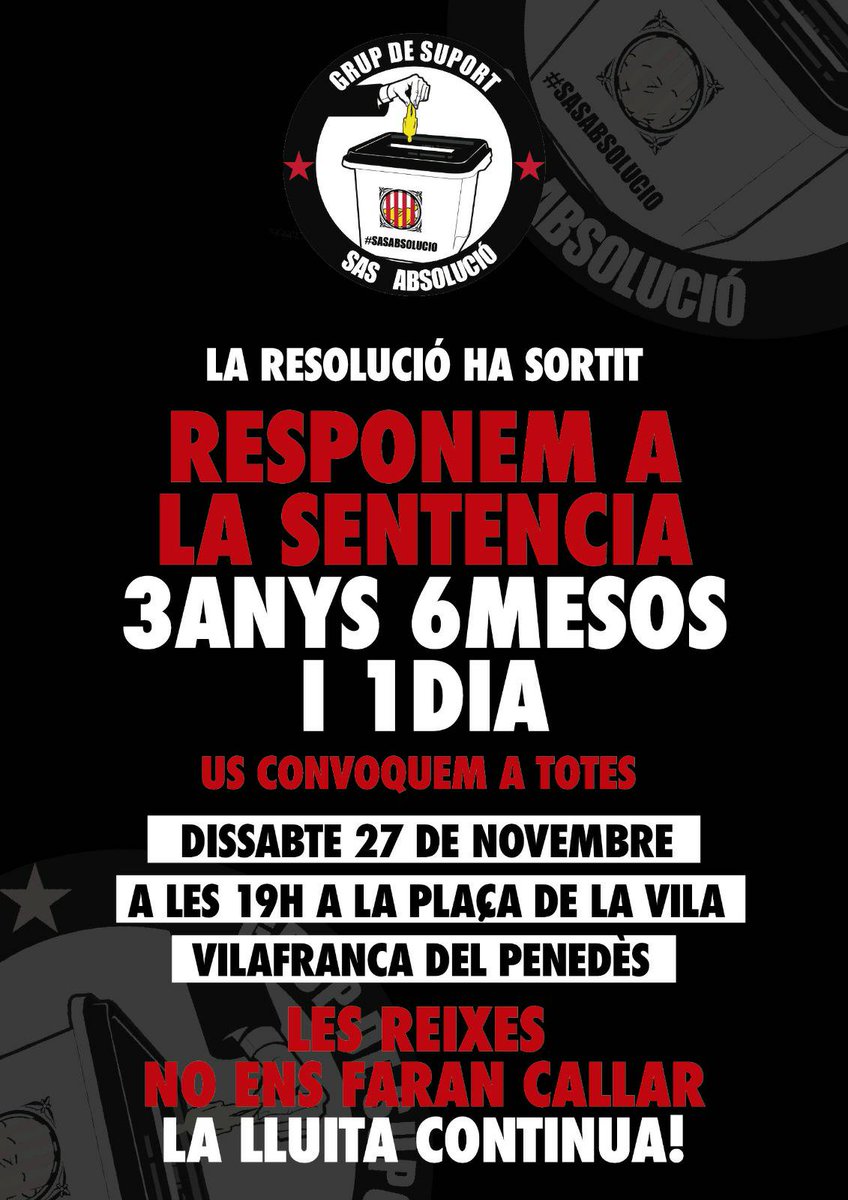 🟣 ATENCIÓ!! Màxima difusió, això és avui.

Ens veiem en una estona a #VilafrancaDelPenedès, perquè davant la seva repressió la nostra resposta 💪

@Adrian__Sas mai caminaràs sol!

#SasAbsolució #AmnistiaTotal #AbsolucióEncausadesPerLaGene