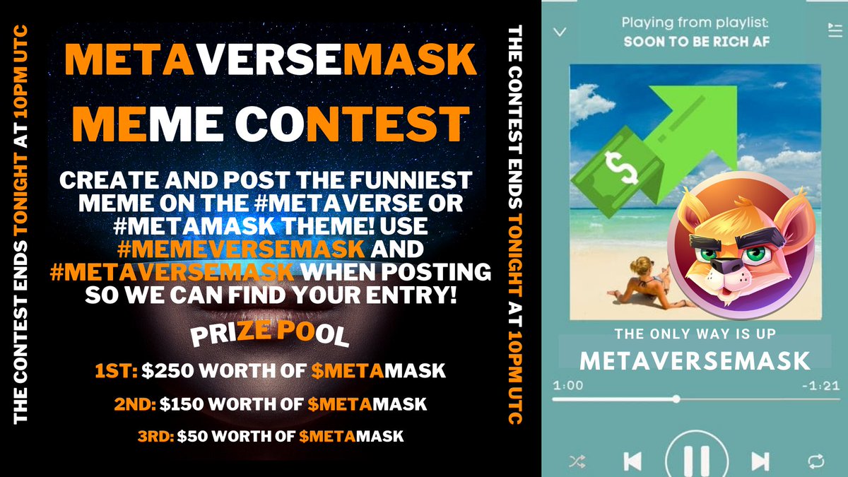MetaVerseMask's tweet photo. What's a token launch day without a #meme contest? 

Show your skills and win some cash! 😎 

#METAVERSEMASK #MEMEVERSEMASK #BNB #BSC https://t.co/b90r37JwFx
