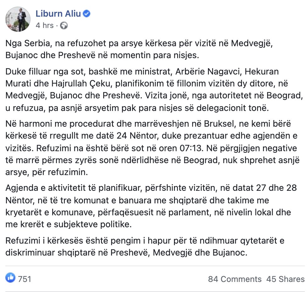 Serbia's autocratic regime refuses, without any justification, a request by 4 Kosovo government ministers to visit the Presheva Valley. 

The Helsinki Committee for Human Rights has recently confirmed that Serbia is engaging in ethnic cleansing of Albanians in Presheva Valley. https://t.co/Ctkd33Wwih