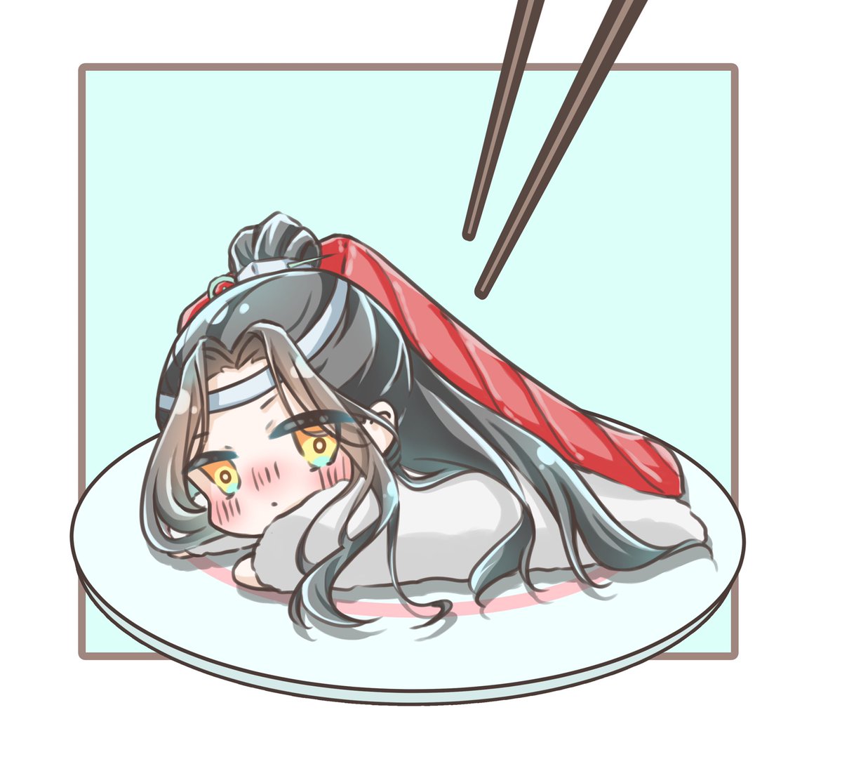 chopsticks blush long hair black hair chibi solo 1boy  illustration images