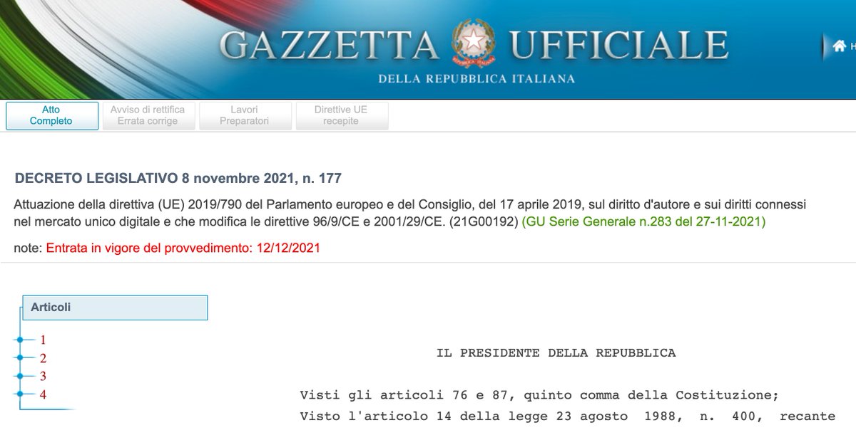 Udite udite! Pochi minuti fa è stato pubblicato in Gazzetta Ufficiale il decreto di recepimento della #DirettivaCopyright. Leggetelo qui: aliprandi.blogspot.com/2021/11/decret…. -- #dirittodautore #copyright #copyrightdirective #proprietàintellettuale #intellectualproperty #SIAE #agcom