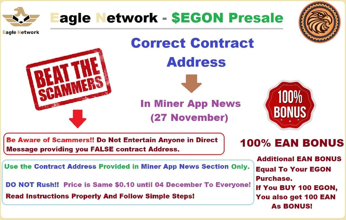 EagleNetworkApp's tweet photo. EGON SALE
💥 100% EAN BONUS To ALL EGON Buyers!
💥 Equal EAN will be given as a BONUS to EGON Buyers!
💥 If you Buy 100 $EGON, You will also get 100 $EAN!

💥 READ Complete Details: https://t.co/KFFIxJLZ5y
💥 How To BUY Details: https://t.co/4zvTliVAN6 https://t.co/cZcUBKTE6B