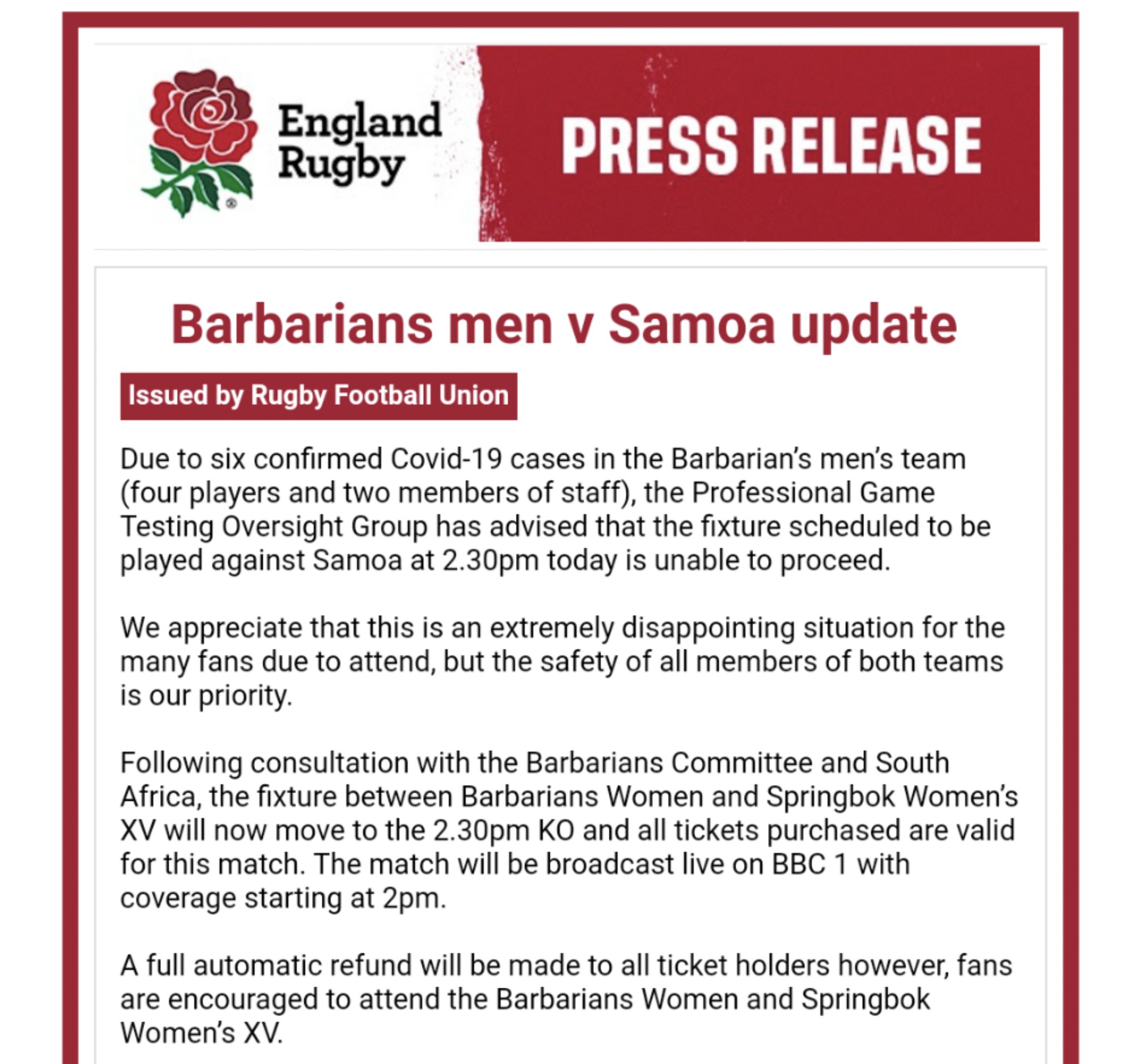 the rugby pod on twitter baa baas v samoa game cancelled due to 6 of the baa baas squad getting covid what a disappointment for all involved https t co li5wmshads twitter