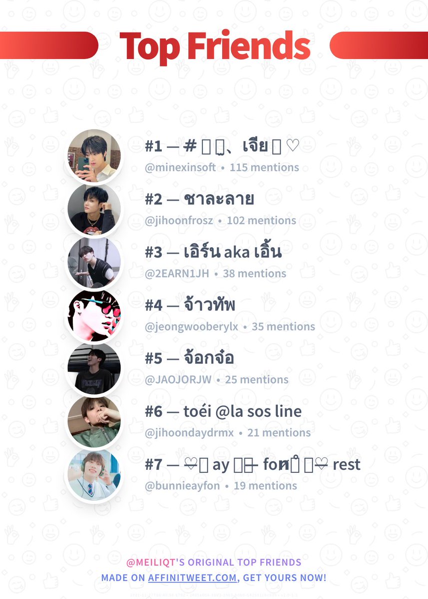 ✨ Top Friends

🥇 minexinsoft
🥈 jihoonfrosz
🥉 2EARN1JH
🏅 jeongwooberylx
🏅 JAOJORJW
🏅 jihoondaydrmx
🏅 bunnieayfon

➡️ affinitweet.com/top-friends