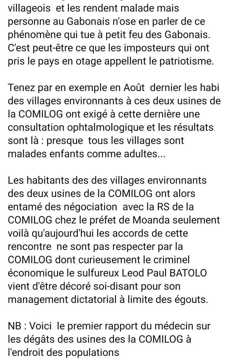 🔴#Gabon SILENCE COMILOG <a href="/GroupeEramet/">Eramet</a>
<a href="/ChristelBories/">Christel Bories</a>
POLLUE. 
Nous attirons une nouvelle fois l'attention sur la pollution des populations des villages proches des 2 usines de comilog à savoir l'usine CIM ET CMM (C2M) à Moanda
<a href="/Survie/">Survie</a> <a href="/EELV/">Les Écologistes - EELV</a> <a href="/Asso_Sherpa/">Sherpa</a> <a href="/Mediapart/">Mediapart</a> <a href="/libe/">Libération</a> <a href="/Ecolo/">Ecolo</a>