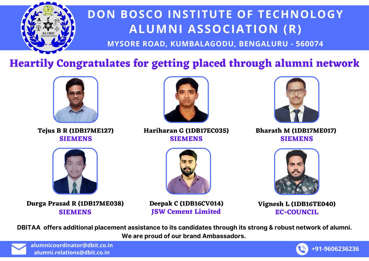 donboscoblr's tweet photo. DBIT is one of the few Engineering Colleges which not only offers Best on-campus Placements but also the additional Placement assistance to its students even after their graduation through its strong &amp; robust network of alumni. These are few of our recent accomplishments. https://t.co/421PR0NEPT