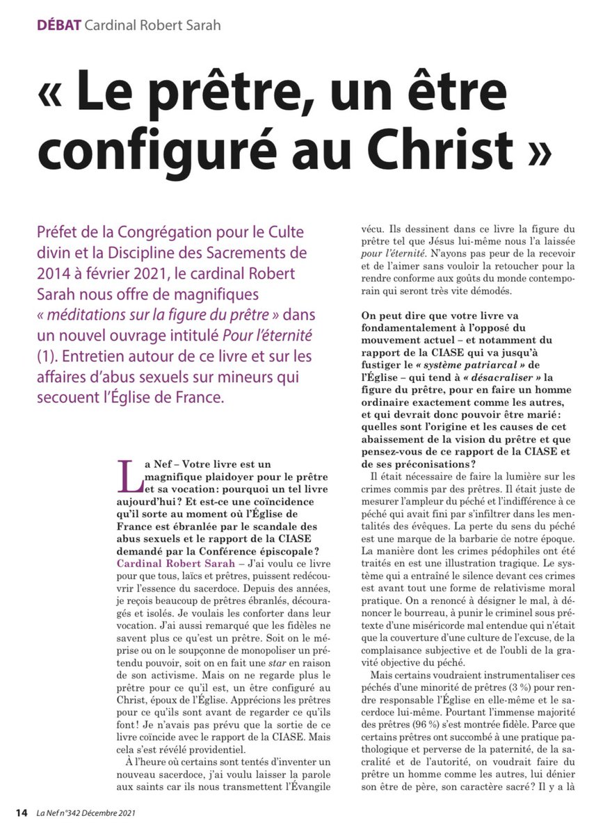 Card_R_Sarah's tweet photo. Je désire exprimer ma gratitude particulière à @Revue_La_Nef pour cette très belle interview consacrée à mon livre Pour l’éternité. +RS https://t.co/6mpImTaQ9Y