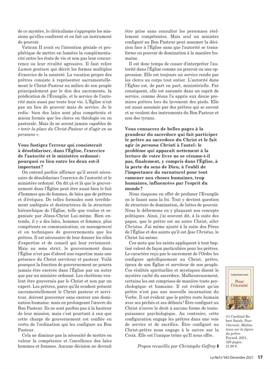 Card_R_Sarah's tweet photo. Je désire exprimer ma gratitude particulière à @Revue_La_Nef pour cette très belle interview consacrée à mon livre Pour l’éternité. +RS https://t.co/6mpImTaQ9Y