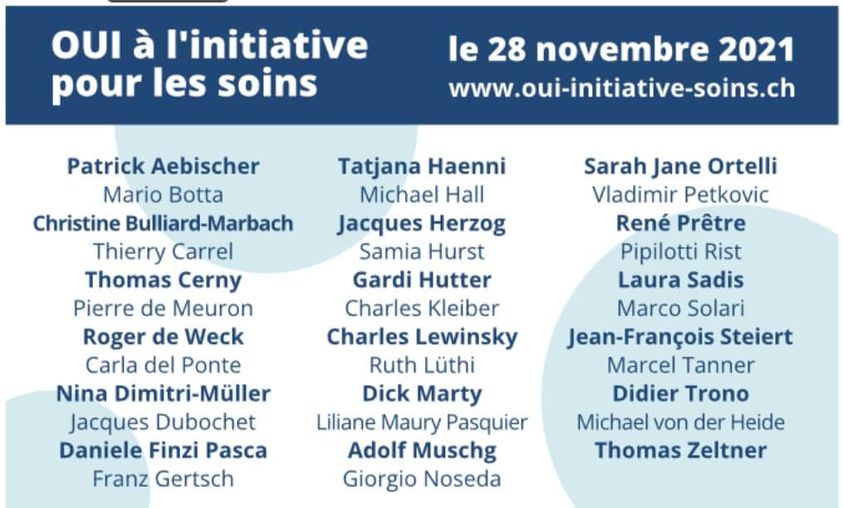 SoinsFortsOUI's tweet photo. Un immense merci aux nombreuses personnalités du monde scientifique, politique, sportif et artistique qui voteront Oui demain à l'#initiativeSoinsInfirmiers. Parce que chacune et chacun d'entre nous a un jour besoin de soins 💚 💙

#SoinsFortsOui #CHvote https://t.co/7oUWYfTHoD