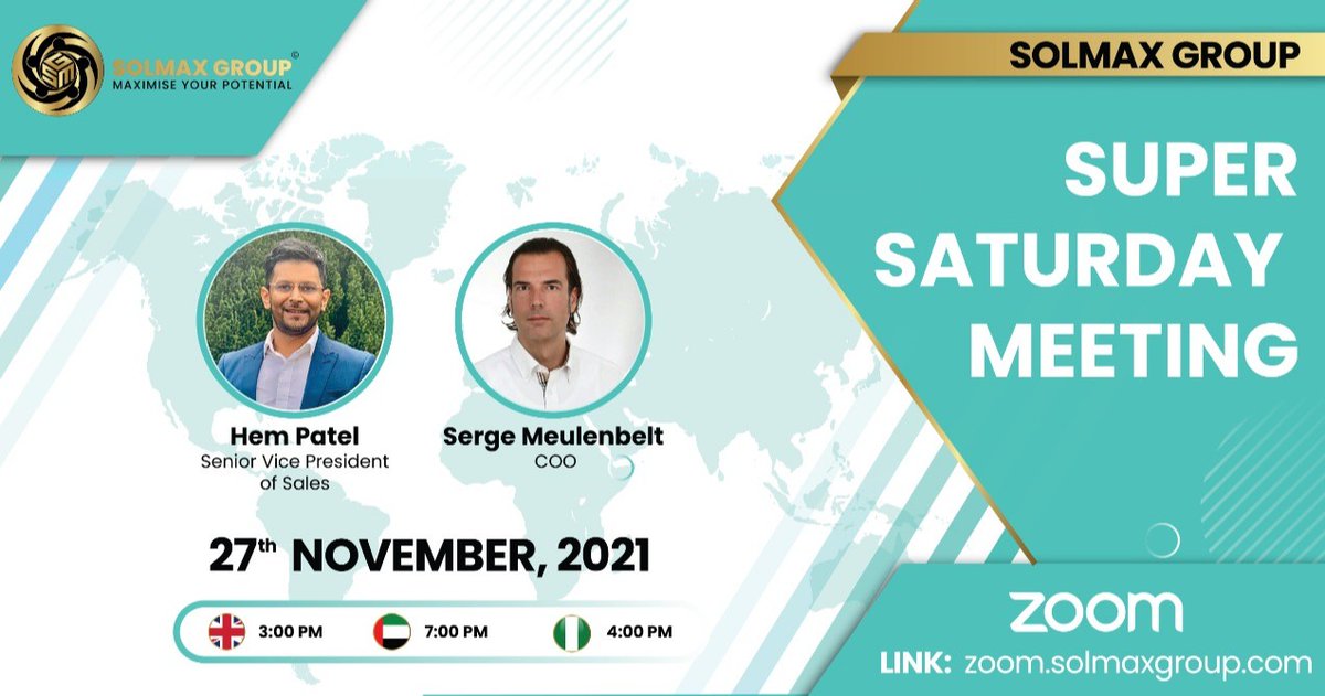 SolMaxGroup's tweet photo. Super Saturday Meeting

This informative run through of our business model is a must for anyone interested in finding out about SolMax Group.

Zoom link: https://t.co/fKX6U3f9UK

Starts: 27th November 2021 at 3:00 PM UK Time/7:00PM DUBAI Time/4:00PM NIGERIA Time
Duration: 60 Mins https://t.co/3XicLKIOaK