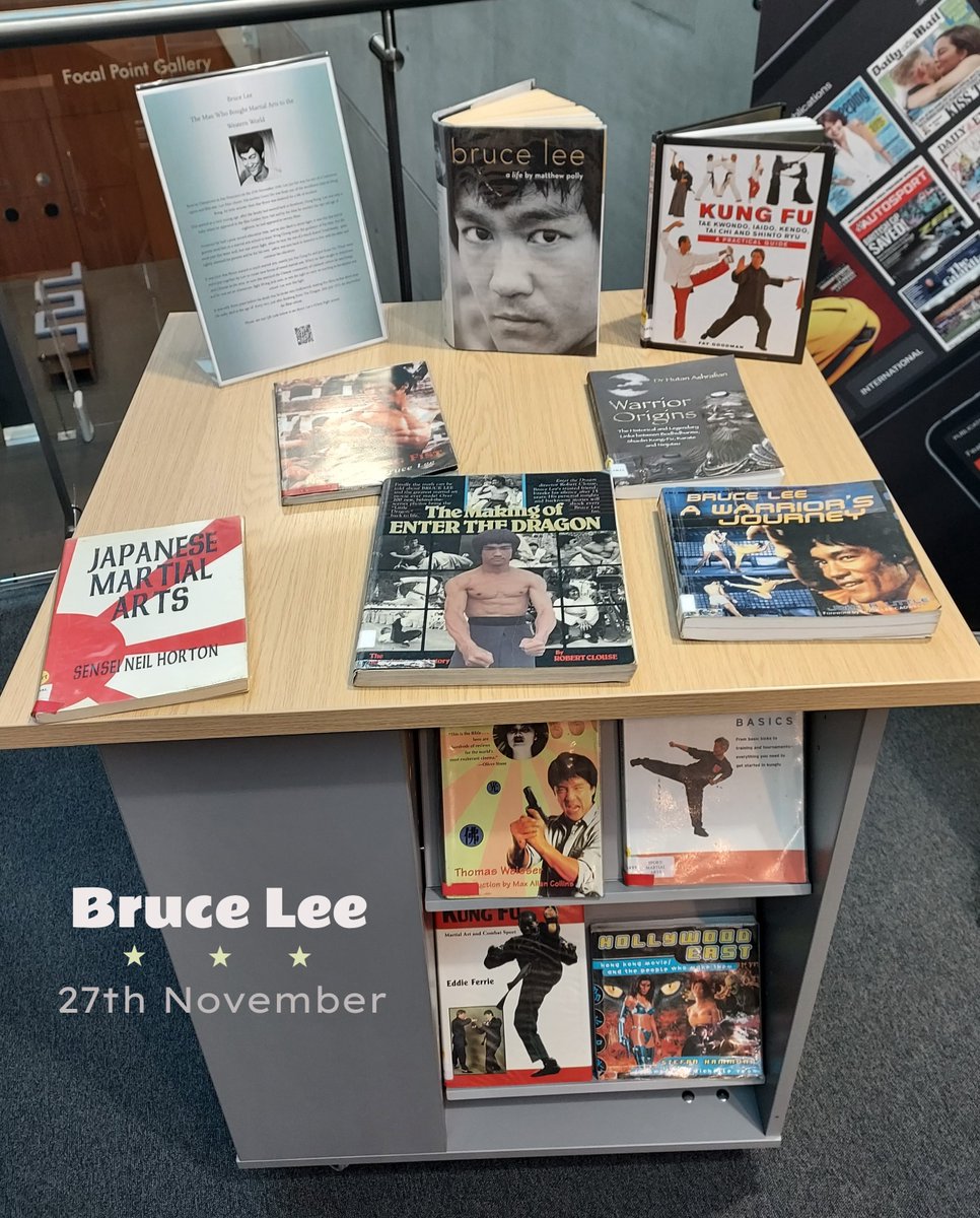 southendlibrary's tweet photo. The #ForumFocus, marks the birthday of Bruce Lee, born on this day in 1940! Drop by for biographies of the iconic man &amp; titles associated with his ground-breaking career, which encompassed acting, directing, #MartialArts and philosophy!

#FirstFloor #NonFiction #ForumSouthend https://t.co/VD791RPKB2