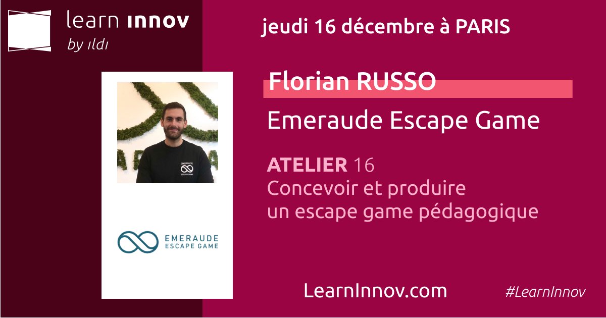 [LearnInnov 2021 - Les Ateliers] 
Comment concevoir et produire un escape game pédagogique ? Réponse avec Florian Russo de Emeraude Escape Game le 16/12. 
Inscription par ici 👉 learninnov.com