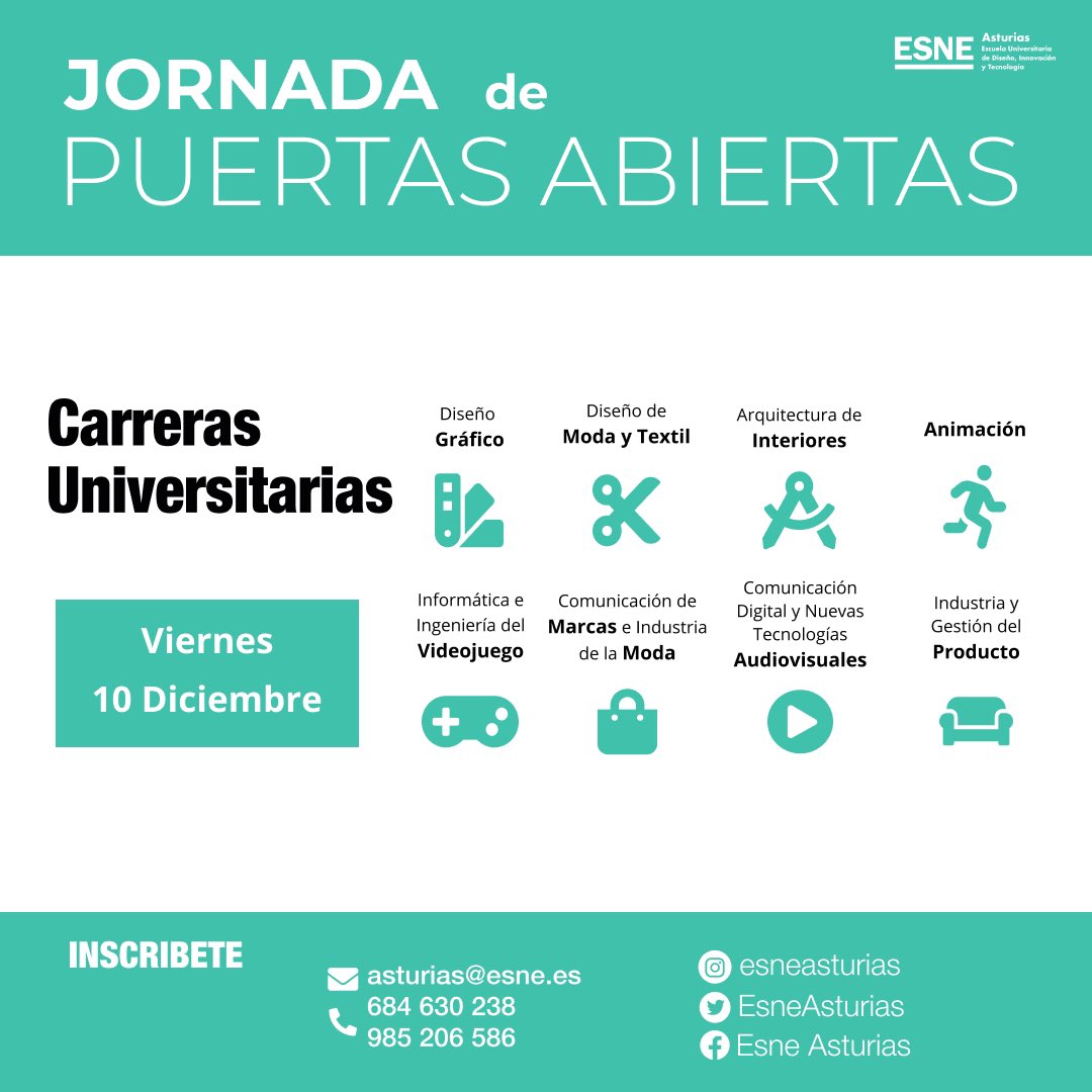 ESNE Asturias (@esneasturias) on Twitter photo 🔴 JORNADA PUERTAS ABIERTAS|
¡Ya tenemos fecha para nuestra próxima jornada de #PuertasAbiertas!
📅 viernes 10 de diciembre de 2021
💻 inscripciones: asturias@esne.es
¡Te esperamos!
#EsneAsturias #CarrerasUniversitarias #Diseño #Innovación #Tecnología 🔴 JORNADA PUERTAS ABIERTAS|
¡Ya tenemos fecha para nuestra próxima jornada de #PuertasAbiertas!
📅 viernes 10 de diciembre de 2021
💻 inscripciones: asturias@esne.es
¡Te esperamos!
#EsneAsturias #CarrerasUniversitarias #Diseño #Innovación #Tecnología