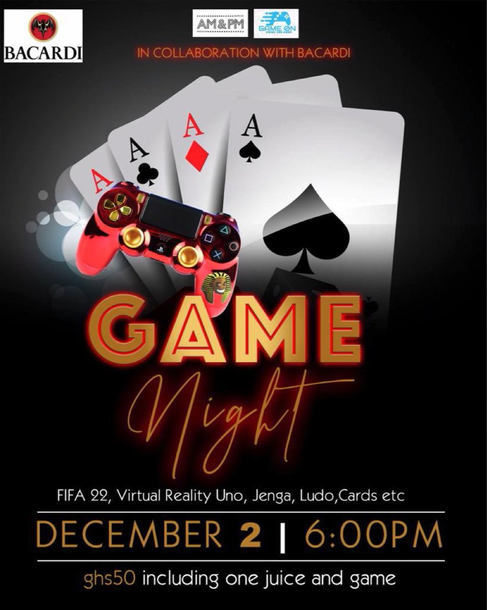 Get ready to game into the holiday!
This Thursday at AM&amp;PM, the best Game Night in Accra is back!
#GAMEON!