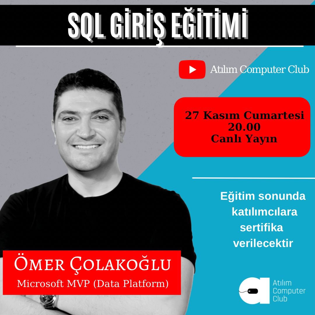 Bu akşam 20.00da Ömer Çolakoğlu ile Sql giriş eğitimimize hepinizi bekliyoruz. Etkinliğimiz Youtube kanalımızda canlı olacaktır.