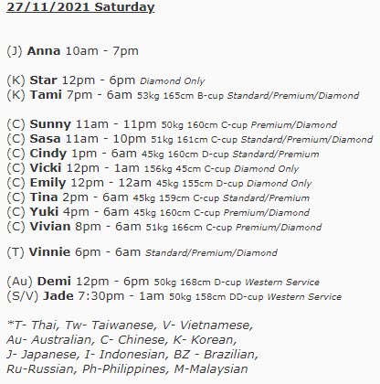 nightshade_the's tweet photo. Saturday roster 27/11/2021 https://t.co/J67jjWnWSX