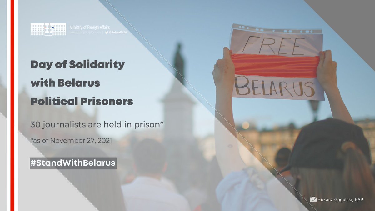PolandMFA's tweet photo. The Lukashenko regime represses free media to act without control.

30 journalists are imprisoned, including Belsat TV journalists Katsyaryna Andreyeva and Darya Chultsova who were sentenced to 2 years in prison.

We work together to have them released.

#StandWithBelarus ⚪️🔴⚪️ https://t.co/4d2U5OGdrp