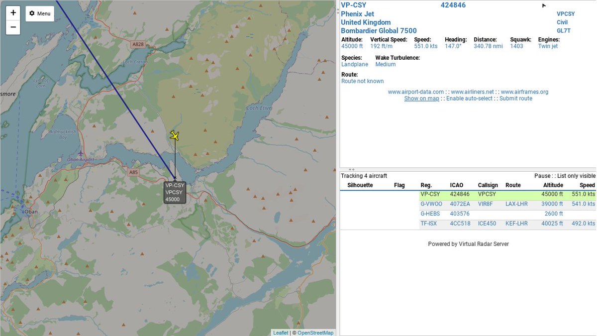 ObanADSB's tweet image. #VPCSY : 3.8 mi away @ 45000 ft, hdg SE @ 637.5mi/h 09:31:32. ''