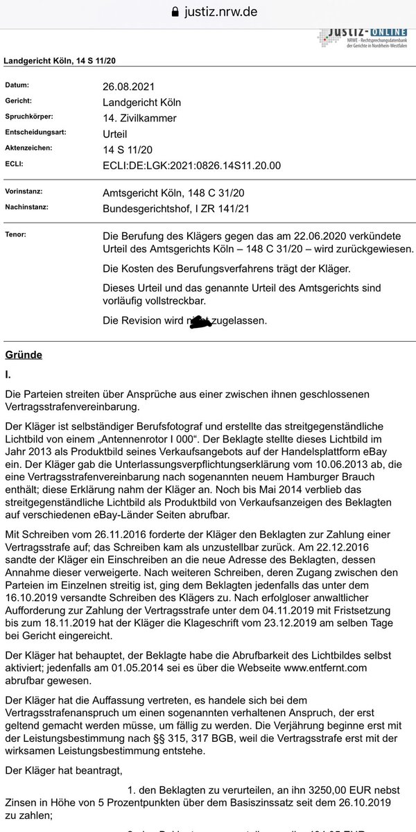 gntbrt's tweet photo. https://t.co/0eKFhSHROY…

Vertragsstrafe in 2014 verwirkt, Klageerhebung in 2019? AG Köln + LG Köln: Verjährt! 

Nächster Halt: Karlsruhe, BGH

Praktisch relevante Entscheidung für den gesamten Grünen Bereich. https://t.co/wD9GXPzXPZ