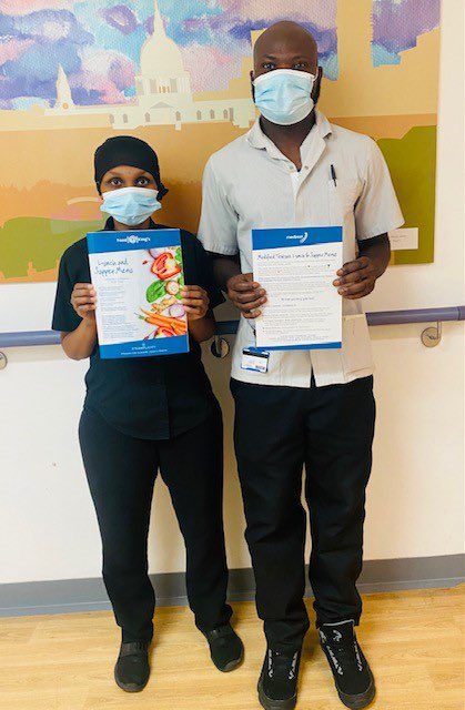 FoodAtKings's tweet photo. Our ward hostess, Ayan, and  HCA , Adam,  are a key part of the food information delivery team on Marjory Warren ward ☺️
We want to ensure that patients have access to the menus, can understand them and receive the right menu to meet their nutritional needs. #Mealtimesmatter 🍴 https://t.co/9wBBZgcQH5