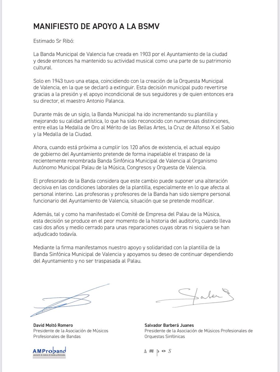 ccoo_de's tweet photo. Los profesionales de bandas y orquestas de todo el país se unen para apoyar al profesorado de la Banda Municipal de Valencia. Escúcheles @joanribo @AjuntamentVLC https://t.co/J1nDL2GK5b