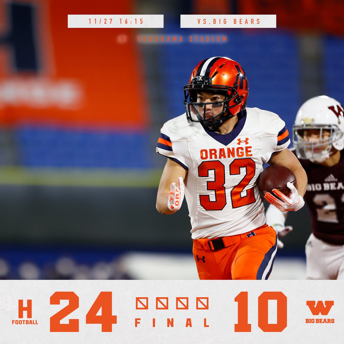 HoseiFootball's tweet photo. 【1位決定戦試合結果】
本日行われました早稲田大学との1位決定戦は、24対10で勝利致しました。
応援ありがとうございました❗️

次戦の東日本代表校決定戦は、12/5(日)12:00キックオフです。

引き続き応援のほど宜しくお願い致します❗️📣
#法政
#KCFA
#orange
#TeamUA
#GoOrange
#hoseifootball https://t.co/wVw3pmj7hD