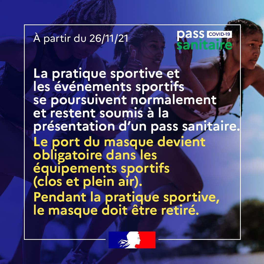 Sports_gouv's tweet photo. #COVID19 Déclinaison des mesures sanitaires pour le sport à compter du 26 novembre 2021.
Plus d'info ➡️ https://t.co/ACjmMggYWq https://t.co/Su5SEJsAHe