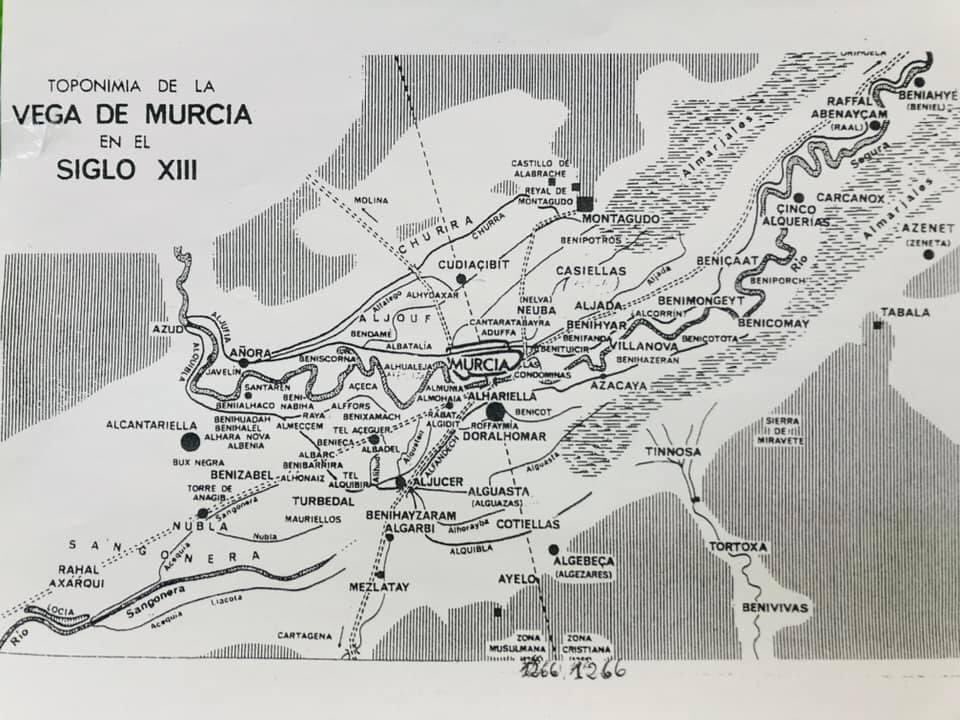 He encontrao un mapa de la Vega de Murcia en el siglo XIII. La verdá que la cosica ha cambiao una miaja.