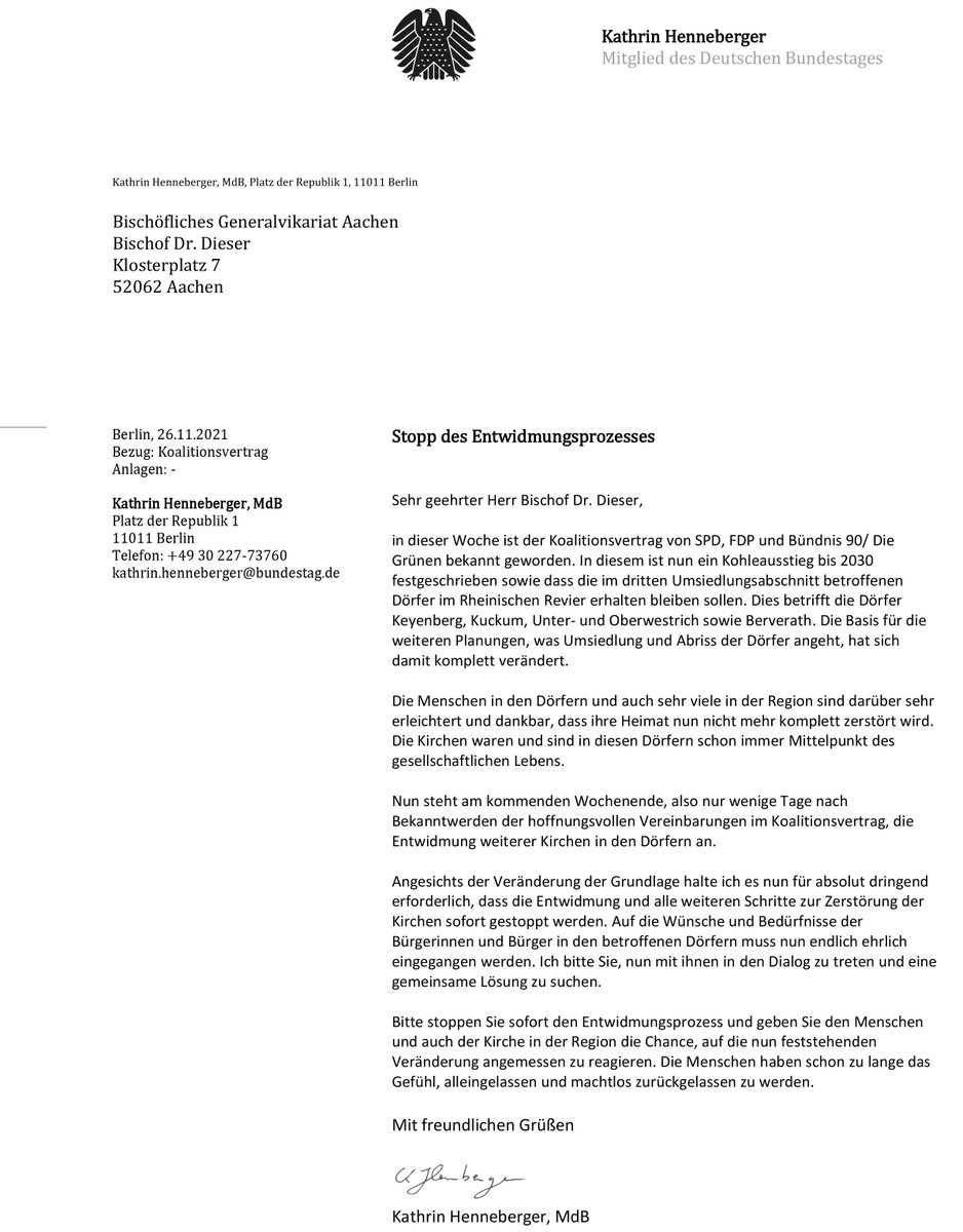 In einem offenen Brief an den Bischof Dr. Dieser fordere ich den Stopp der Entwidmung von Kirchen &amp; Kapellen der Dörfer am Tagebau #Garzweiler. 

Im Koalitionsvertrag haben wir den Erhalt der Dörfer niedergeschrieben. Die Menschen verdienen jetzt Frieden. kathrinhenneberger.de/blog/stopp-des…