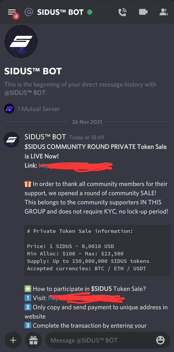VMudrenovic's tweet photo. @galaxy_sidus when I joined SIDUS discord group, got this invite for private token sale from "SIDUS BOT". Smells like a scam (direct sale, no KYC, no lock up). Can somebody cofirm or this is for real?! https://t.co/ACTuB9qsbq
