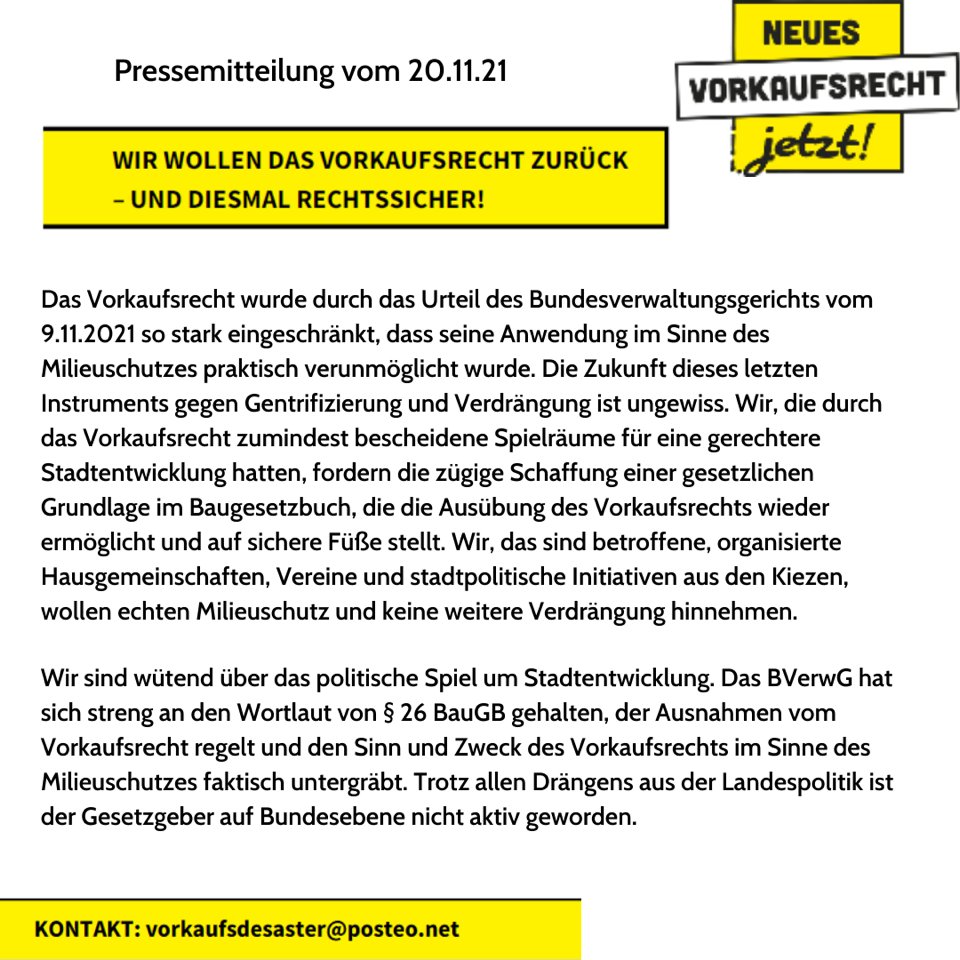 #NeuesVorkaufsrechtJetzt Kommt um 14 Uhr mit auf die Straße! ➡️ Wir wollen echten #Milieuschutz &amp; keine weitere #Verdrängung hinnehmen! Wir werden weiter Druck aufbauen, bis für jedes betroffene Haus eine Lösung gefunden wurde!  neues-vorkaufsrecht.jetzt