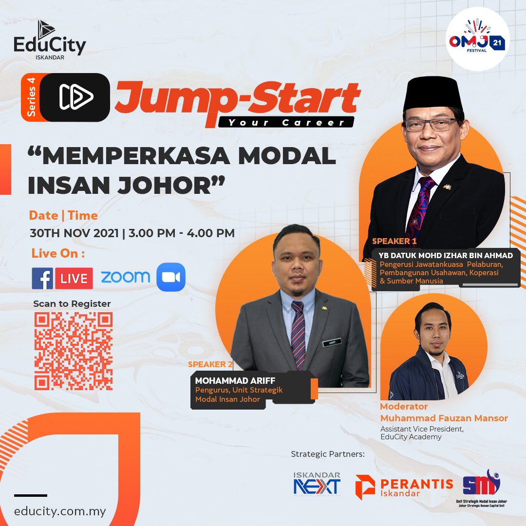 educityofficial's tweet image. Calling out to the youth community in Johor, don't miss out on the 4th series of Jump-Start Your Career (J.Y.C. Talk) webinars on 30th November 2021, 3 pm- 4 pm! 

Hurry and register now at bit.ly/3p7tuOe

#EduCity #omjfest21 #FestivalOrangMudaJohor #RiseUpJohor