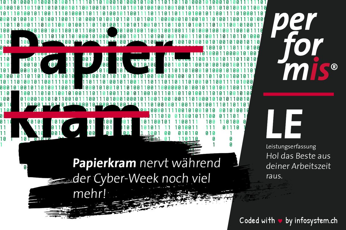 Infosystem_AG's tweet photo. 👨‍💻 Papierkram ist doch auch während der #CyberWeek genau so störend (oder noch mehr), wie an jedem anderem Tag im Jahr. Unsere performis® LE - Leistungserfassung wird dir so oder so das Leben leichter machen. 

Ein Booklet gibt's hier zum Nachlesen: https://t.co/U8HJaA7J1M https://t.co/WuL4RkDcjq