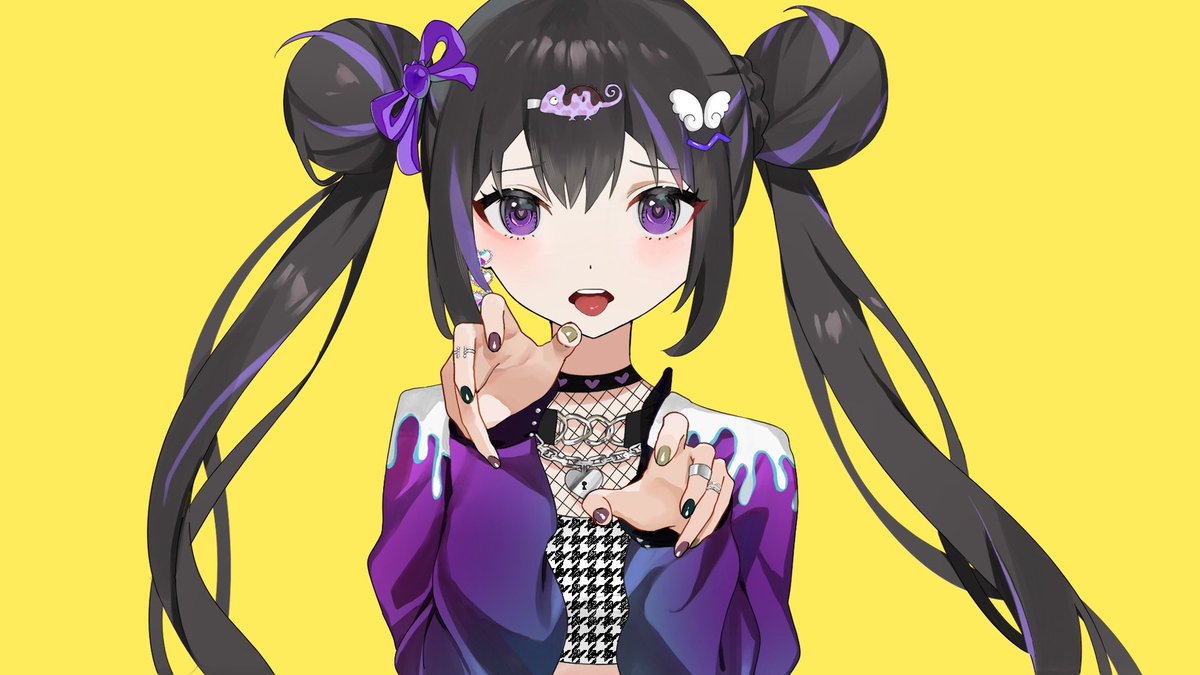 1girl solo double bun hair bun purple eyes twintails yellow background  illustration images