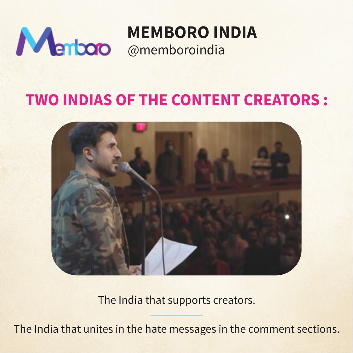 MemboroOfficial's tweet photo. 'Just like Vir Das, we are only proud of one India.'
.
.
.
#creatorslife #creativeflow #creatprseconomy #creatorsofinstagram #capturethemoment #creativelife #constanthustle #memboro #memboroindia #momentmarketing #momentmarketing2021 #trendingnow #trends #virdas #twoindias https://t.co/lMlb9IilUt