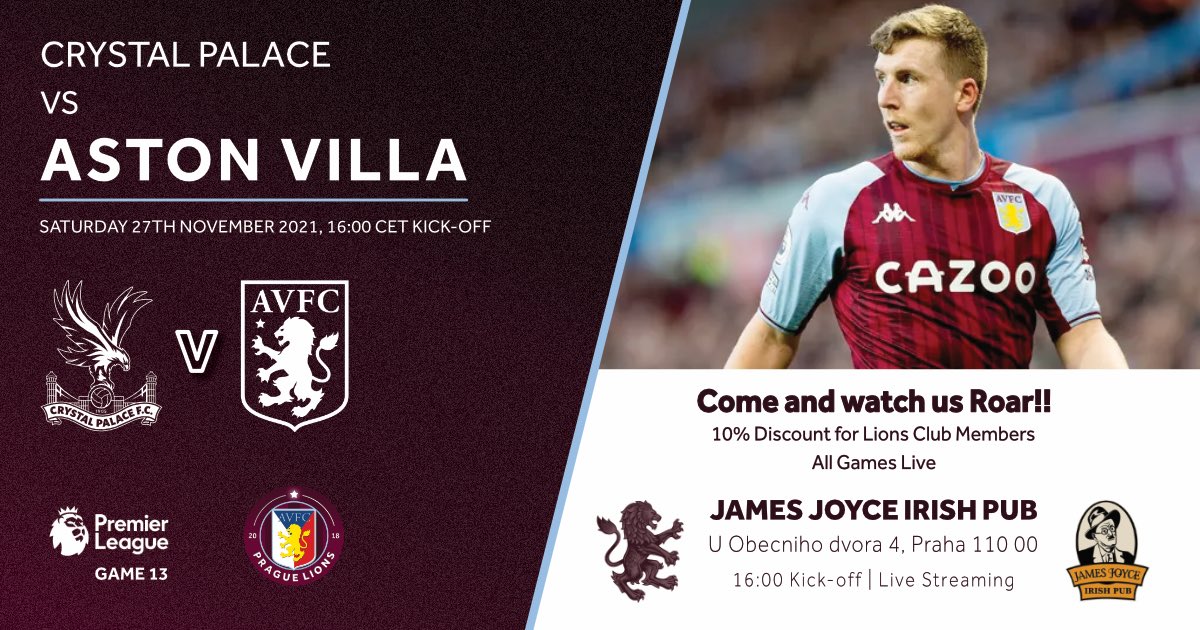 Another big game for <a href="/AVFCOfficial/">Aston Villa</a> vs <a href="/CPFC/">Crystal Palace F.C.</a> at Selhurst Park. 3pts for the Villa boys is what we’re looking for to gather momentum after last week’s win! Join us at HQ <a href="/JamesJoycePraha/">James Joyce Prague</a> from 15:30 CET 🇨🇿. #AVFC #UTV