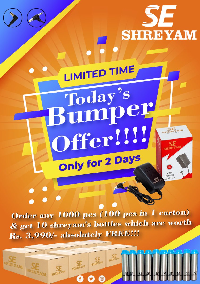 SE_Shreyam's tweet photo. Today’s Bumper Offer!!!!
Only for 2 Days
Order any 1000 pcs (100 pcs in 1 carton) &amp; get 10 shreyam’s bottles which are worth Rs. 3,990/- absolutely FREE!!!

.

.

#offer #bumperoffer #free #bottles #steelbottels #freegift #Shreyam #shreyamindia https://t.co/sT8gSeZQtY