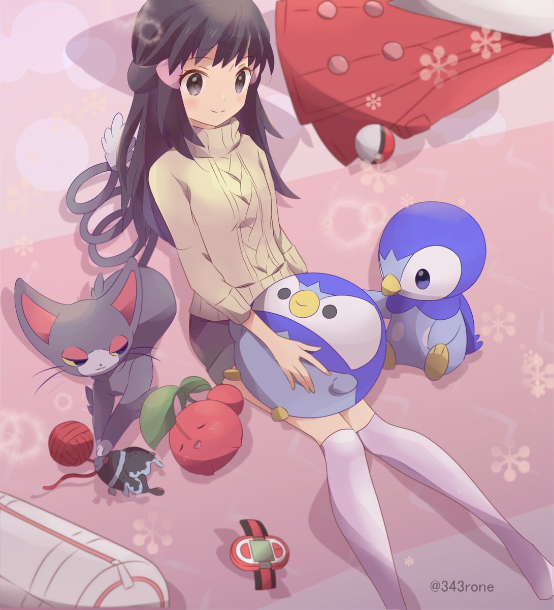 dawn (pokemon) ,piplup 1girl long hair pokemon (creature) hair ornament sweater thighhighs smile  illustration images