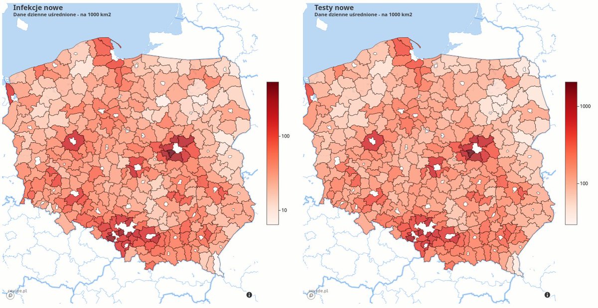 docent_ws's tweet photo. Nietypowe mapki. 
Nowe zakażenia i nowe testy w przeliczeniu na 1000 km2 w powiatach ziemskich (wyłączone miasta na prawach powiatu). Dane uśrednione z 7 dni. Skala logarytmiczna. https://t.co/1yrzUmV1zf